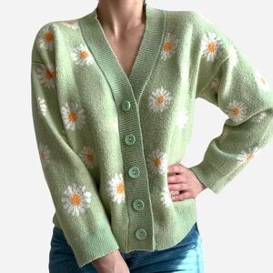 Floral green cardigan thick knit green color with flowers - fits like size S / M